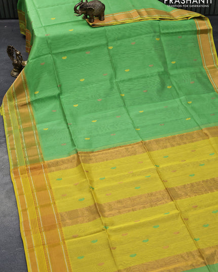 Maheshwari silk cotton saree parrot green and yellow with thread & copper zari woven buttas and copper & silver zari woven border