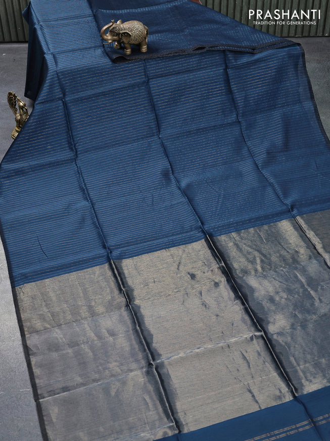 Maheshwari silk cotton saree dark peacock blue with allover zari stripes pattern and piping border