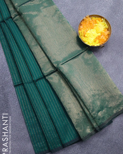 Maheshwari silk cotton saree green with allover zari stripes pattern and piping border