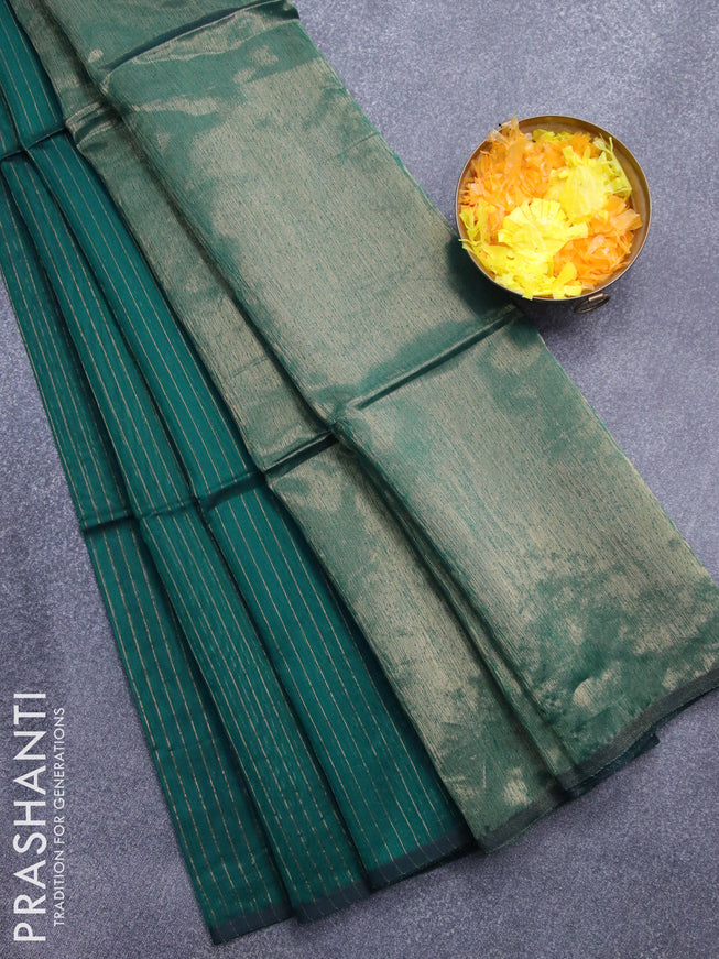 Maheshwari silk cotton saree green with allover zari stripes pattern and piping border
