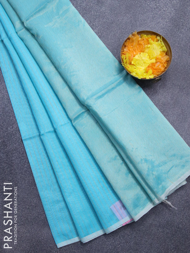 Maheshwari silk cotton saree pastel blue with allover zari stripes pattern and piping border
