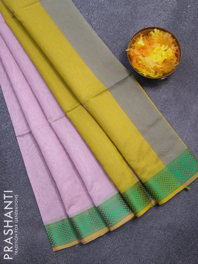 Maheshwari silk cotton saree lavender shade and lime yellow grey with allover stripes pattern and thread woven border