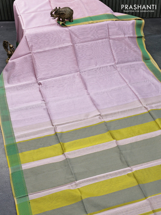 Maheshwari silk cotton saree lavender shade and lime yellow grey with allover stripes pattern and thread woven border