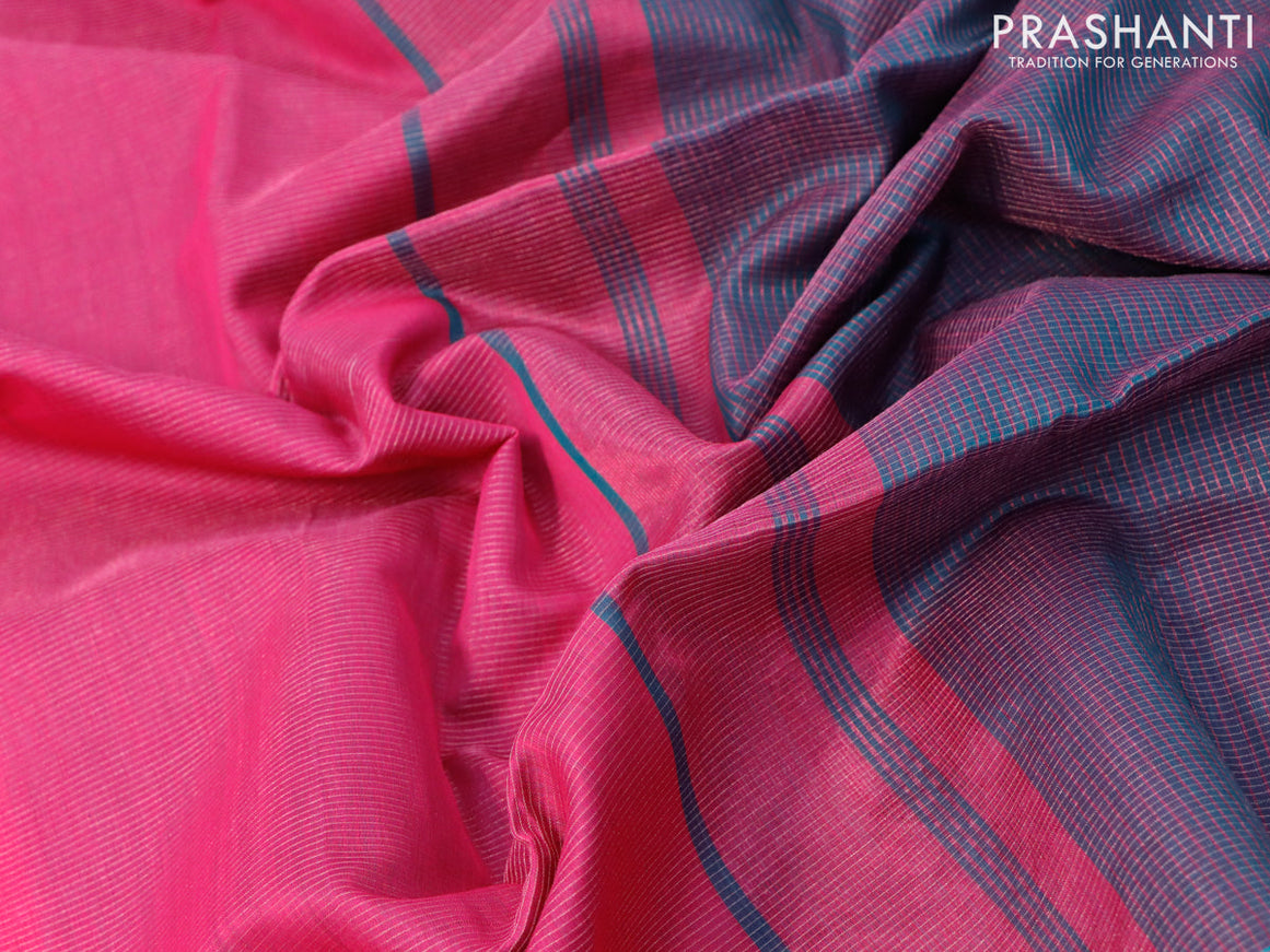 Maheshwari silk cotton saree magenta pink and dual shade of peacock blue with allover zari stripes pattern and zari woven border