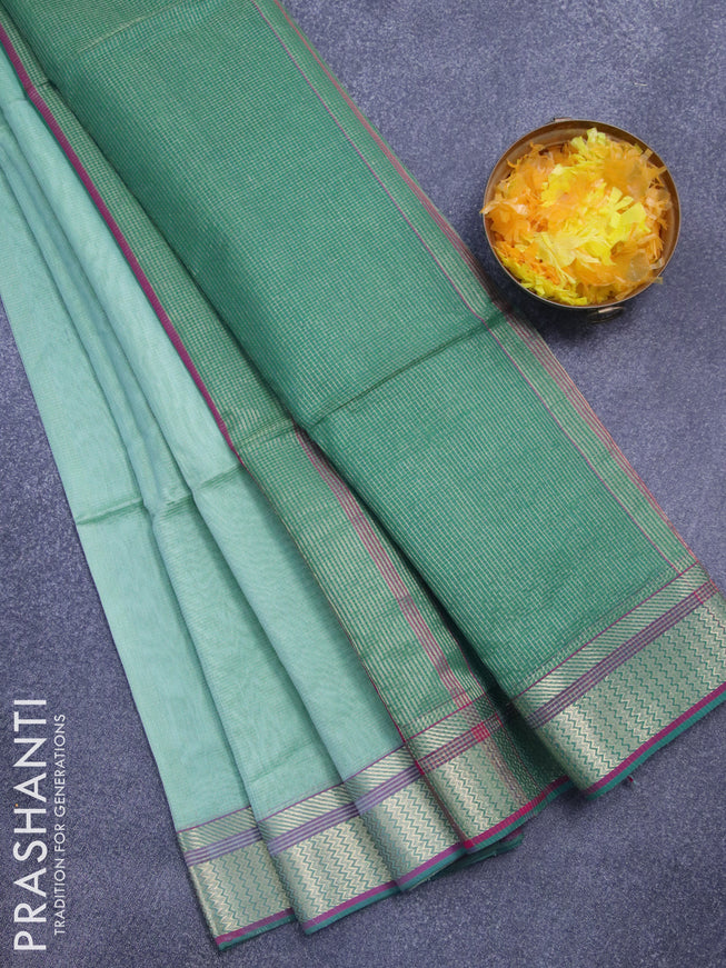 Maheshwari silk cotton saree pastel green and green with allover zari stripes pattern and zari woven border