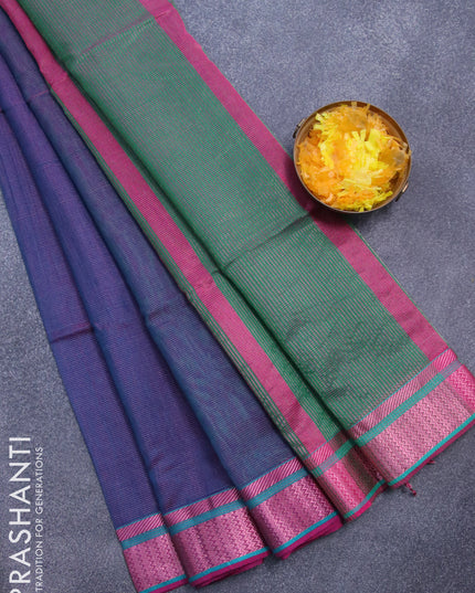 Maheshwari silk cotton saree dual shade of peacock blue and green & pink with allover zari stripes pattern and zari woven border