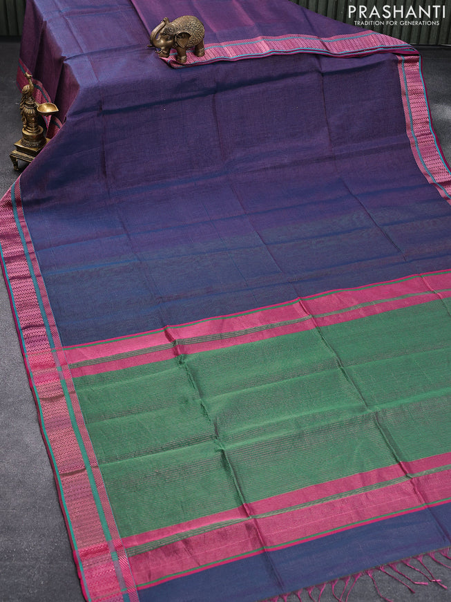Maheshwari silk cotton saree dual shade of peacock blue and green & pink with allover zari stripes pattern and zari woven border