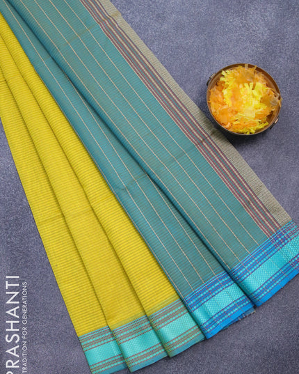 Maheshwari silk cotton saree lime yellow and teal blue with allover stripes pattern and thread woven border