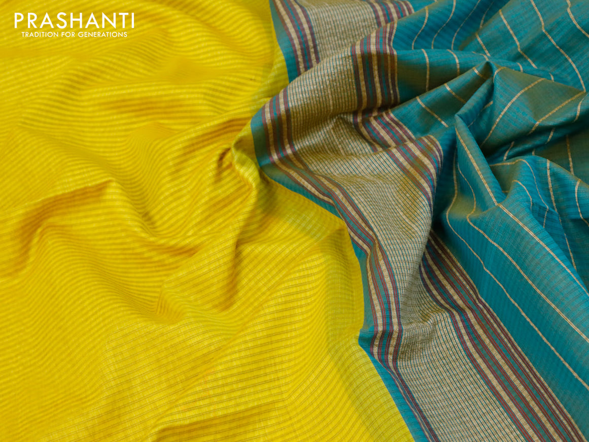 Maheshwari silk cotton saree lime yellow and teal blue with allover stripes pattern and thread woven border