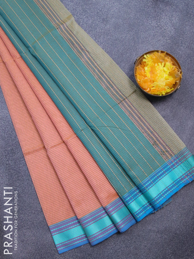 Maheshwari silk cotton saree peach shade and teal blue with allover stripes pattern and thread woven border