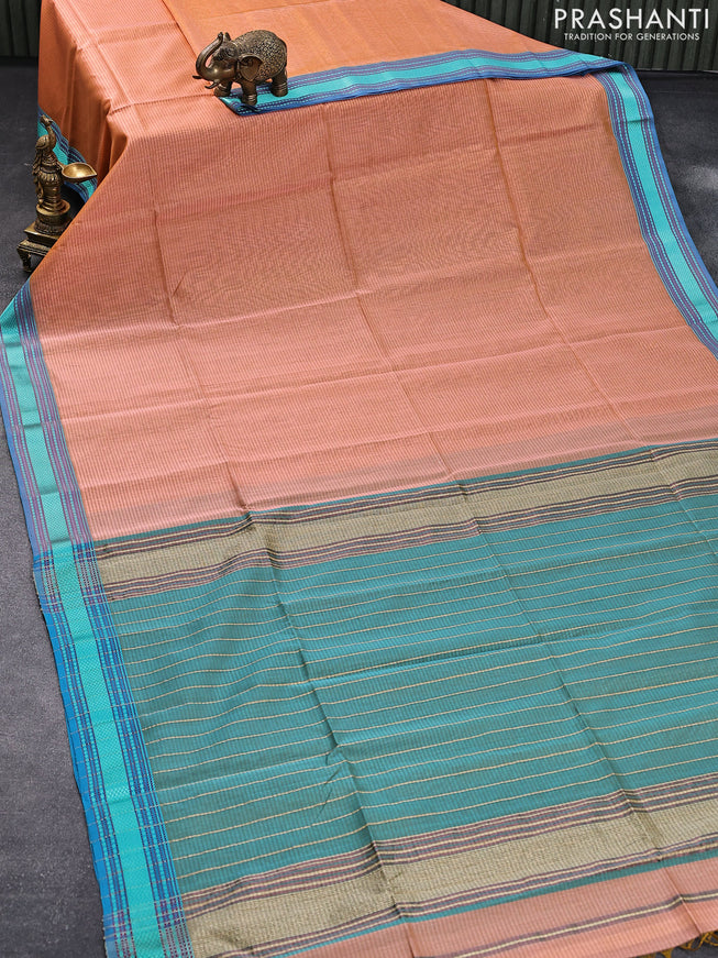 Maheshwari silk cotton saree peach shade and teal blue with allover stripes pattern and thread woven border