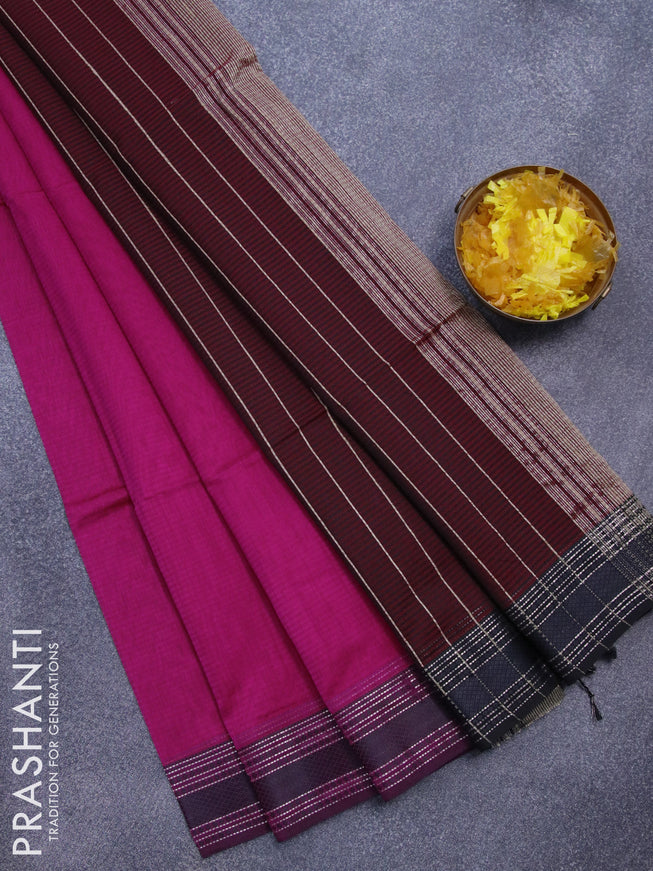 Maheshwari silk cotton saree magenta pink and deep maroon with allover stripes pattern and thread & zari woven border