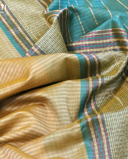 Maheshwari silk cotton saree sandal and teal blue with allover stripes pattern and thread woven border