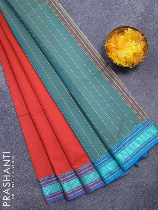 Maheshwari silk cotton saree sunset orange and teal blue with allover stripes pattern and thread woven border