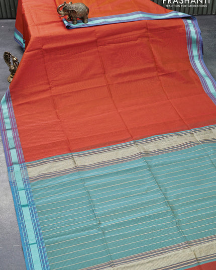 Maheshwari silk cotton saree sunset orange and teal blue with allover stripes pattern and thread woven border