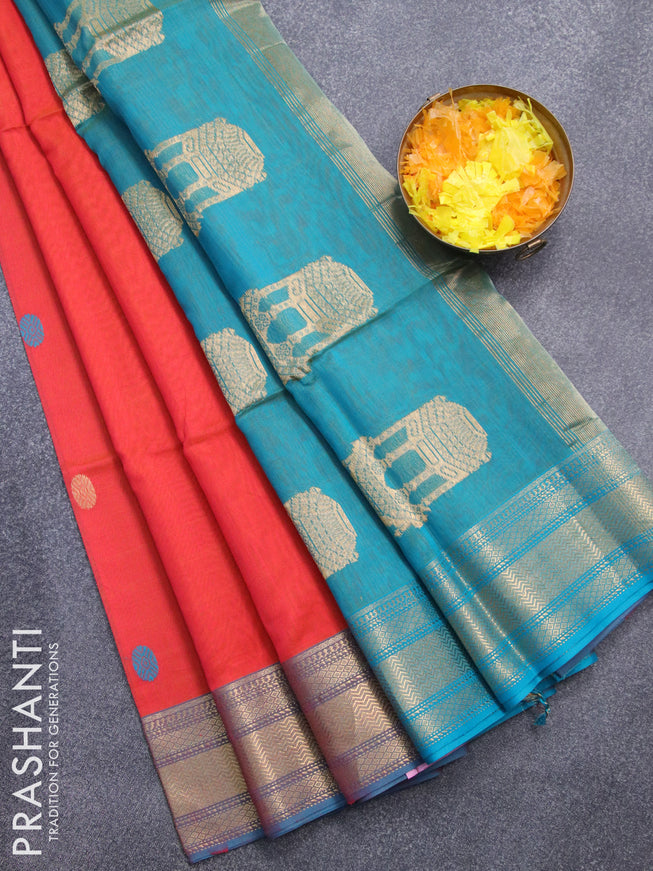Maheshwari silk cotton saree dual shade of pinkish orange and teal blue with thread & zari woven buttas and zari woven border