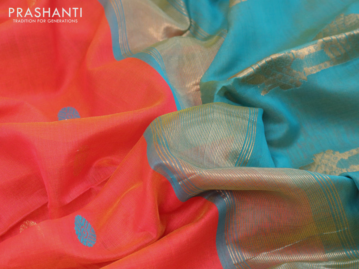 Maheshwari silk cotton saree dual shade of pinkish orange and teal blue with thread & zari woven buttas and zari woven border