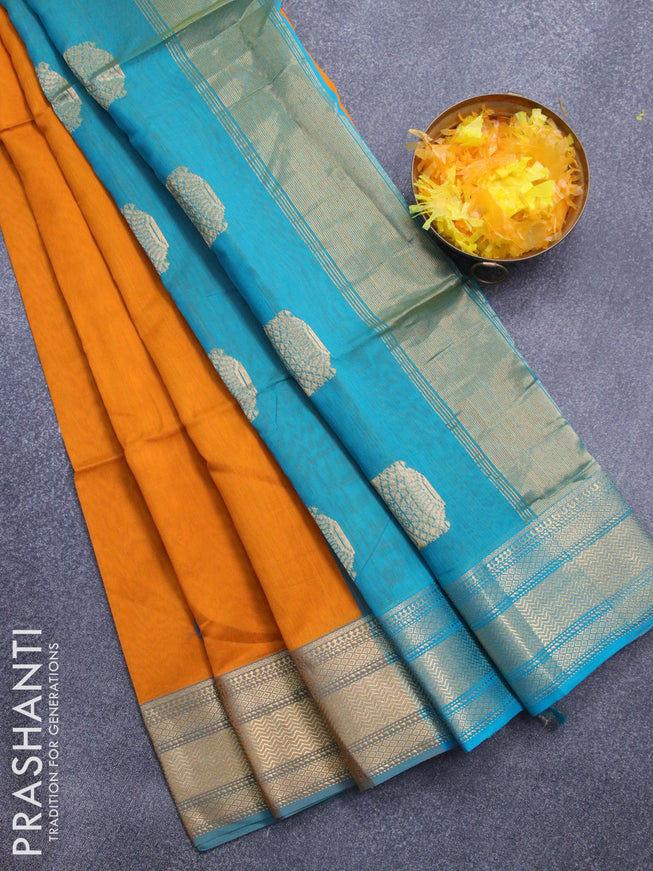 Maheshwari silk cotton saree mango yellow and cs blue with thread & zari woven buttas and zari woven border
