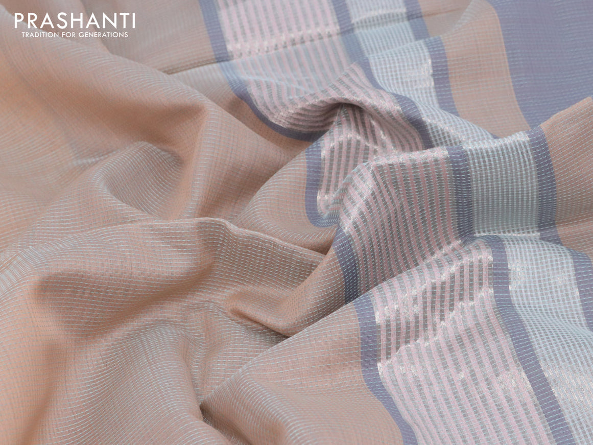 Maheshwari silk cotton saree pastel peach and grey with allover thread stripes pattern and thread & zari woven border