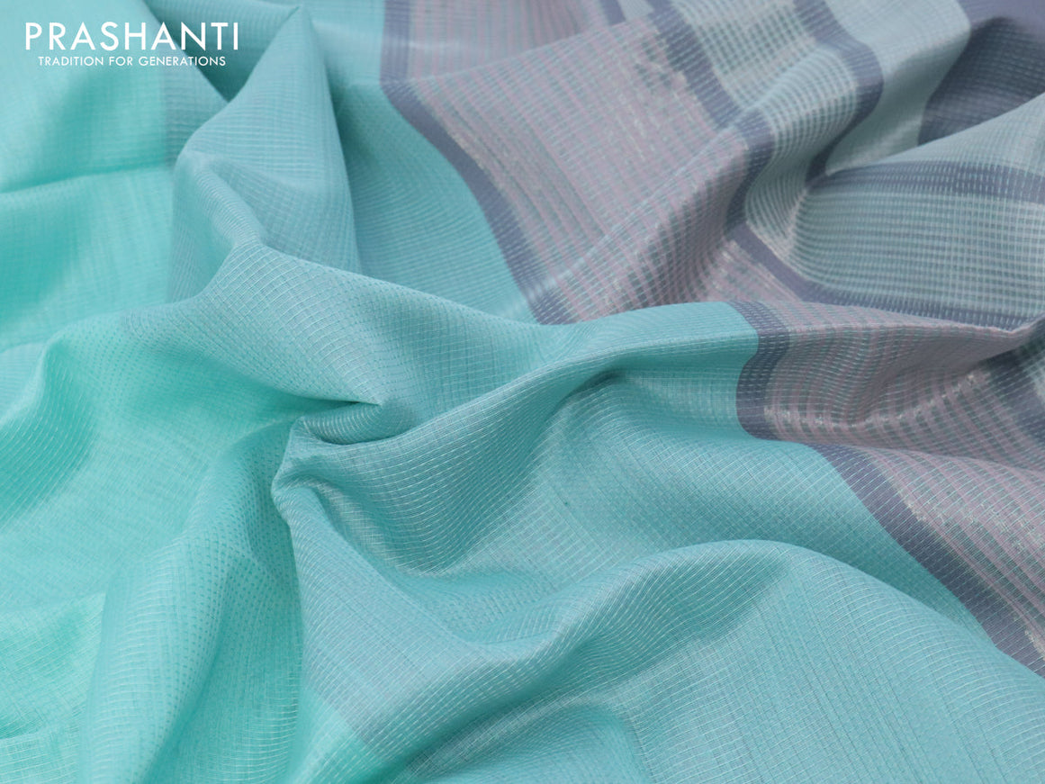 Maheshwari silk cotton saree teal blue and grey with allover thread stripes pattern and thread & zari woven border