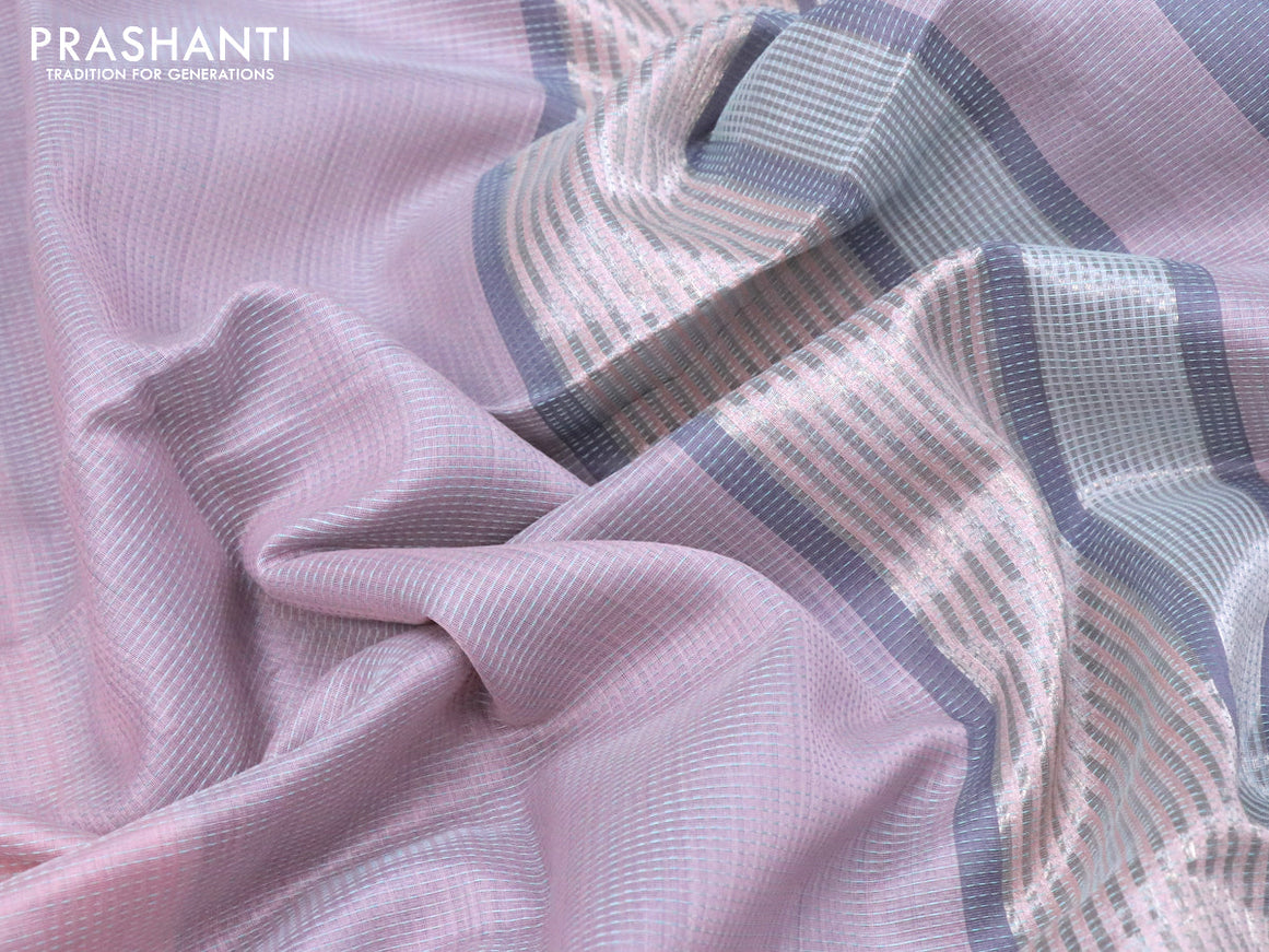 Maheshwari silk cotton saree baby pink and grey with allover thread stripes pattern and thread & zari woven border