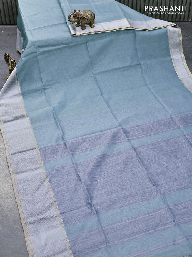 Maheshwari silk cotton saree pastel blue and grey with plain body and thread woven border