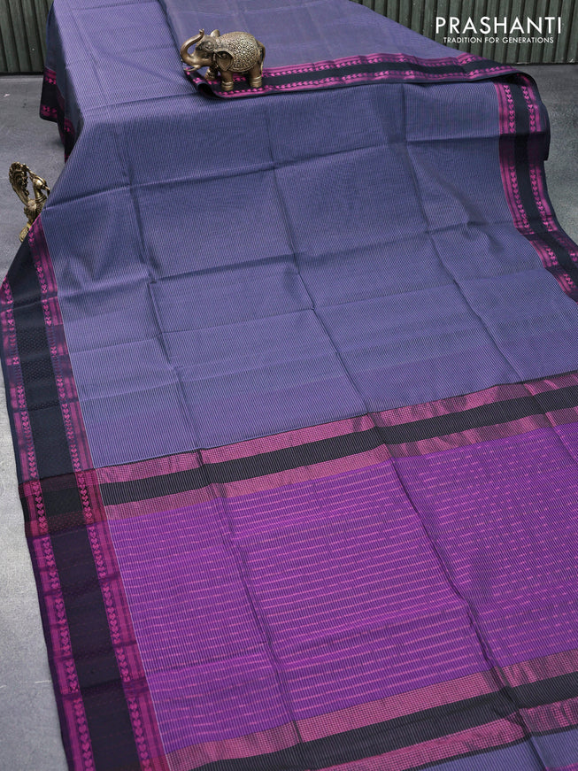 Maheshwari silk cotton saree grey shade and violet with allover thread stripes pattern and thread & zari woven border