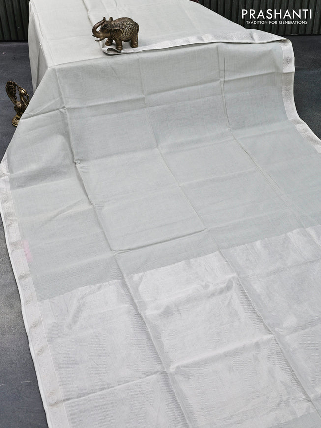 Maheshwari silk cotton saree grey shade and off white with allover thread stripes pattern and silver zari woven border