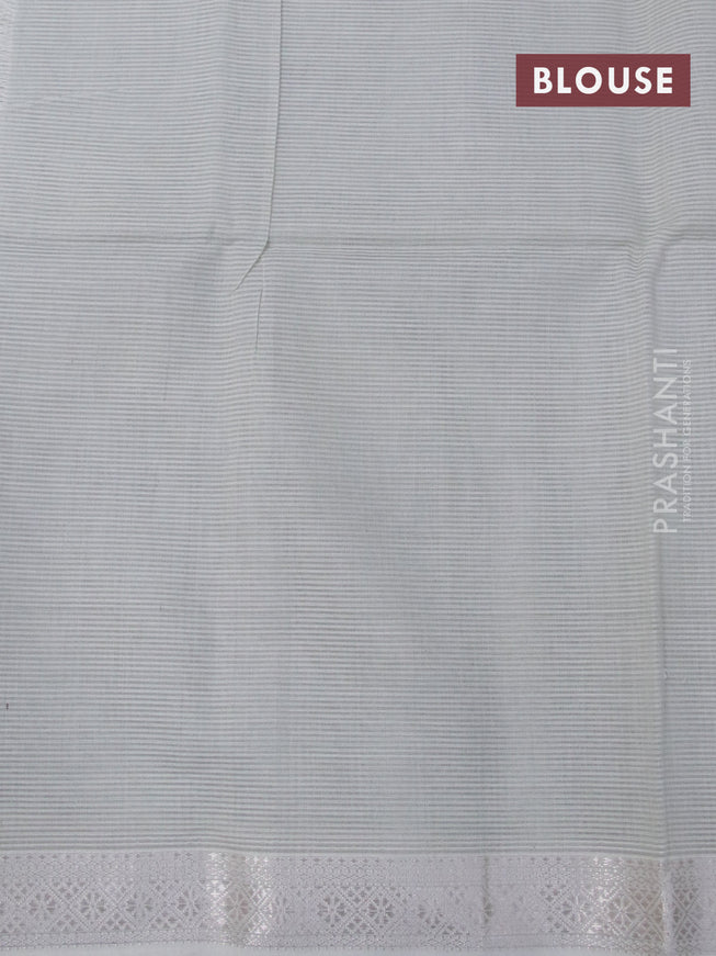 Maheshwari silk cotton saree grey shade and off white with allover thread stripes pattern and silver zari woven border