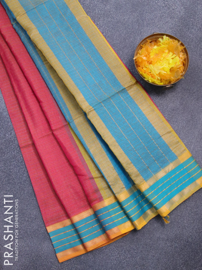 Maheshwari silk cotton saree dual shade of pink and teal blue with allover zari stripes pattern and thread & zari woven border