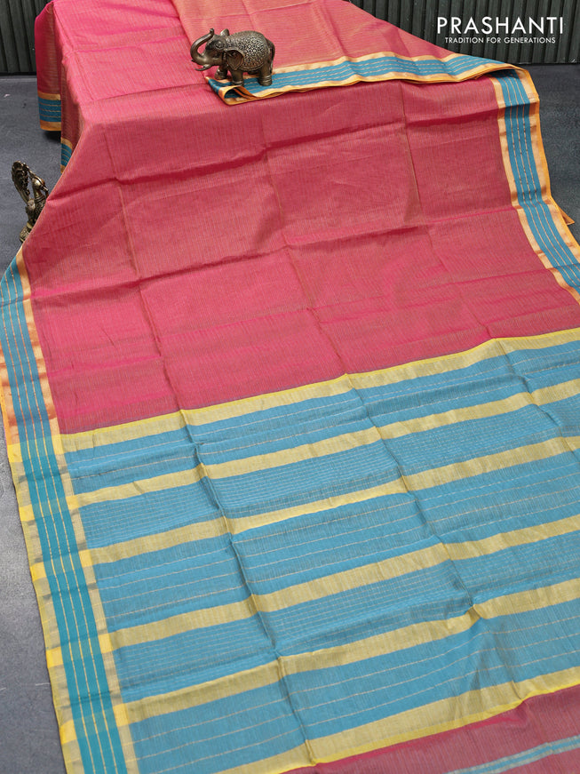 Maheshwari silk cotton saree dual shade of pink and teal blue with allover zari stripes pattern and thread & zari woven border