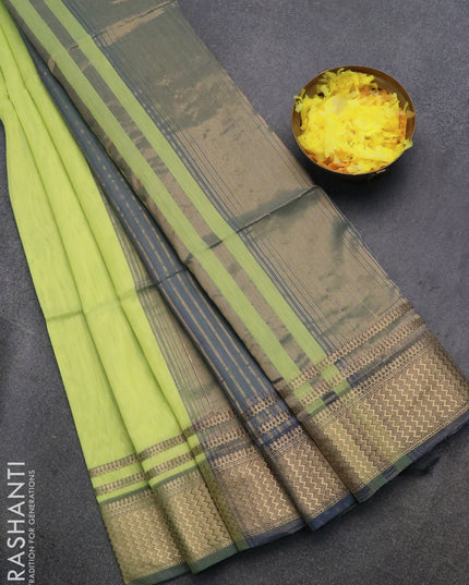 Maheshwari silk cotton saree fluorescent green and grey with plain body and zari woven border