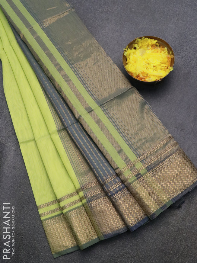 Maheshwari silk cotton saree fluorescent green and grey with plain body and zari woven border