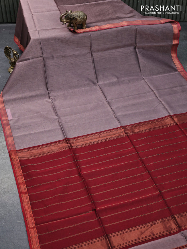 Maheshwari silk cotton saree rosy brown and maroon with allover stripes pattern and zari woven border