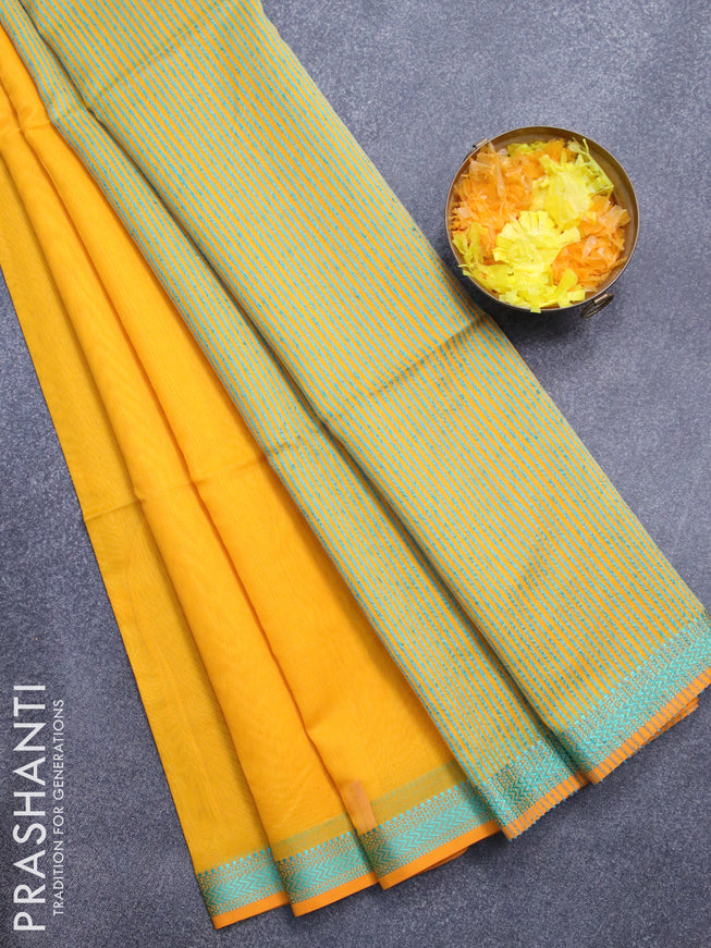 Maheshwari silk cotton saree mango yellow and teal green with plain body and thread woven border