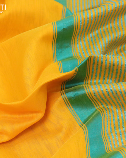 Maheshwari silk cotton saree mango yellow and teal green with plain body and thread woven border