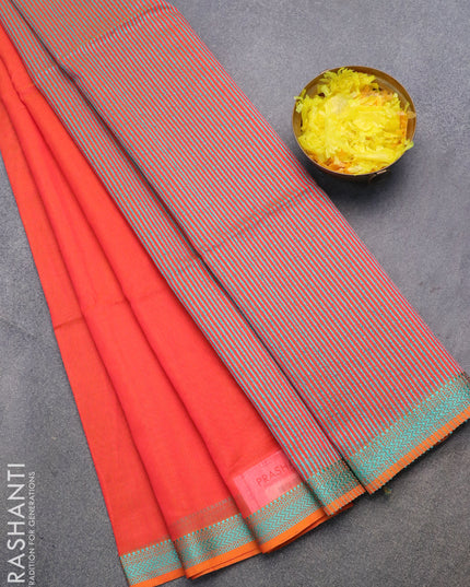 Maheshwari silk cotton saree sunset orange and teal green with plain body and thread woven border