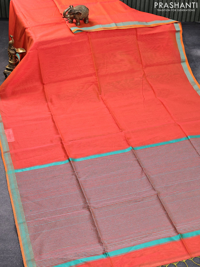 Maheshwari silk cotton saree sunset orange and teal green with plain body and thread woven border