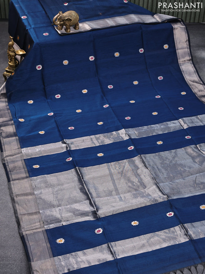 Maheshwari silk cotton saree peacock blue with thread & silver zari woven buttas and silver zari woven border