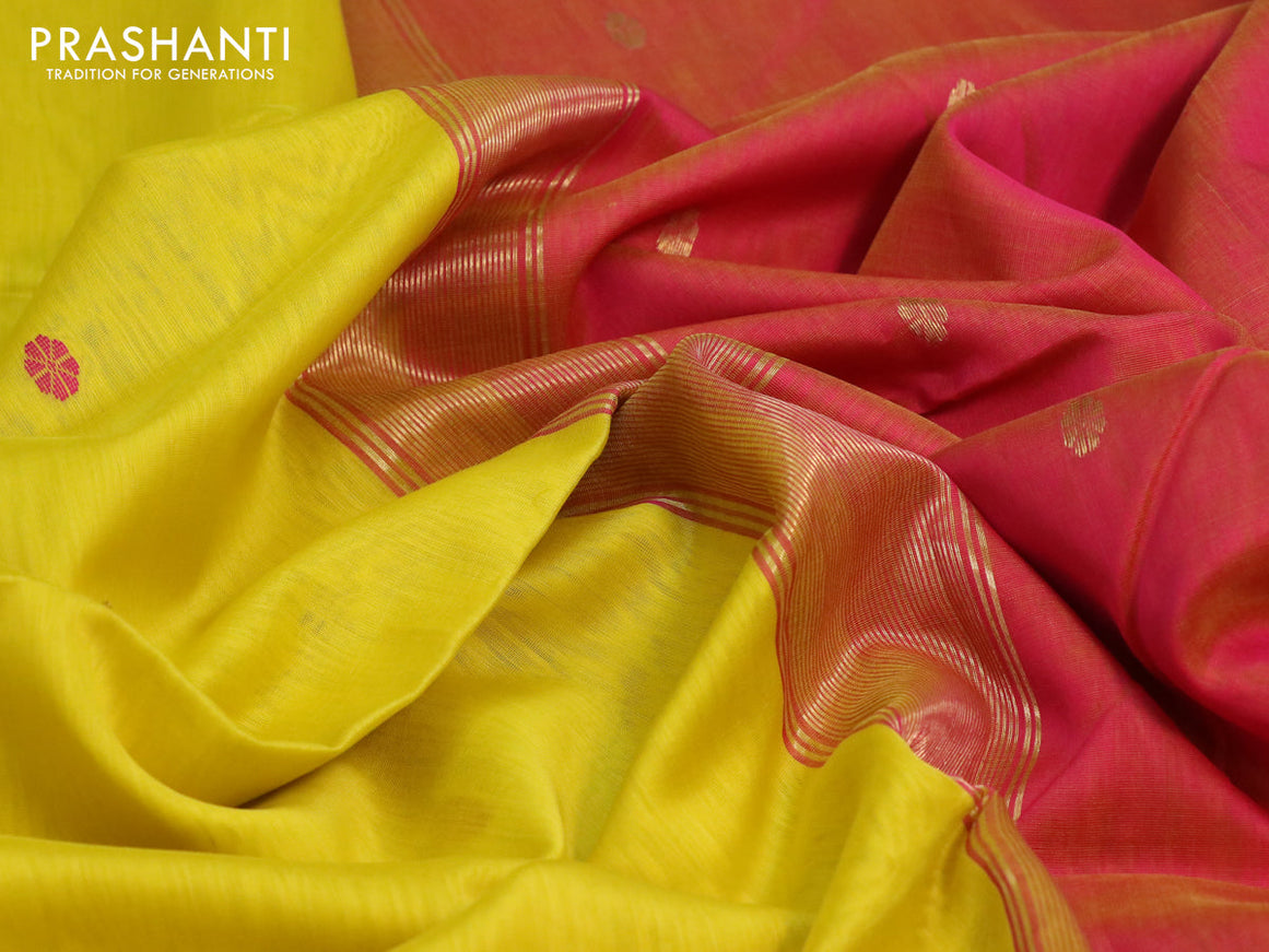 Maheshwari silk cotton saree yellow and pink with thread & silver zari woven buttas and zari woven border