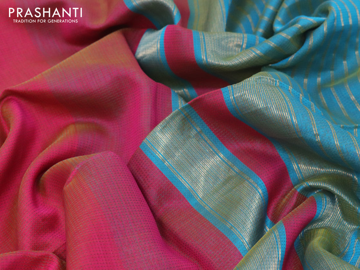 Maheshwari silk cotton saree pink and peacock blue with allover thread weaves and zari woven border