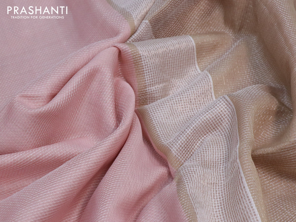 Maheshwari silk cotton saree patel peach and beige with allover thread stripes pattern and zari woven border
