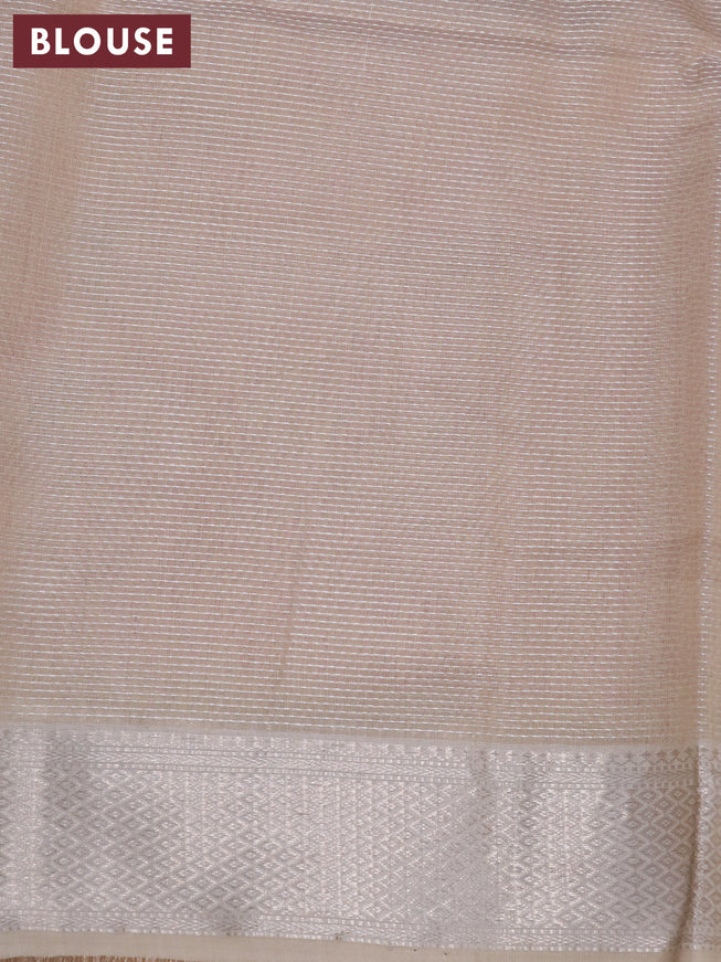 Maheshwari silk cotton saree patel peach and beige with allover thread stripes pattern and zari woven border