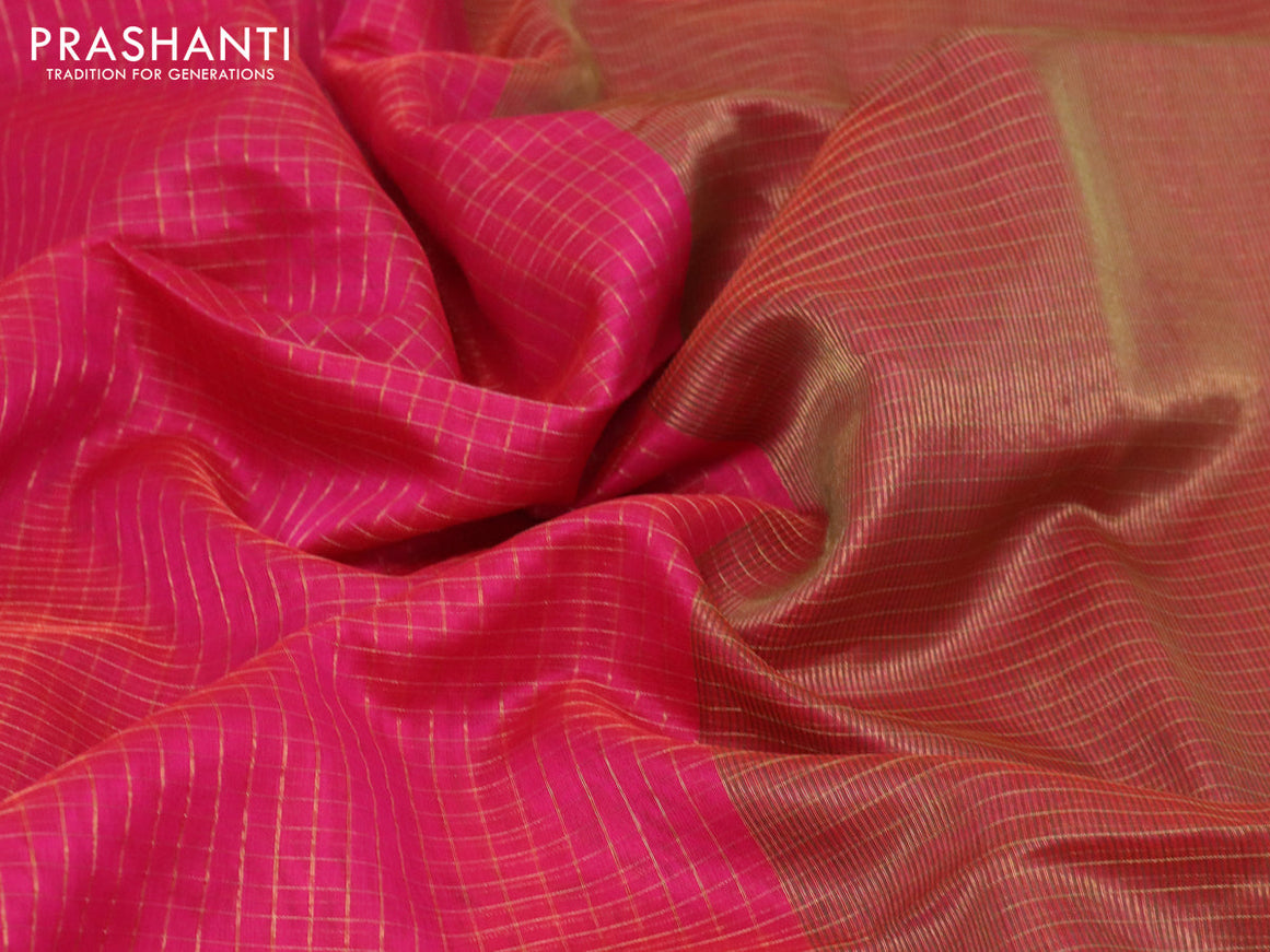 Maheshwari silk cotton saree pink and rust shade with allover zari woven checked pattern and zari woven border