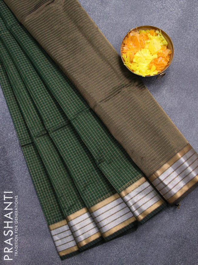 Maheshwari silk cotton saree bottle green with allover zari woven checked pattern and zari woven border
