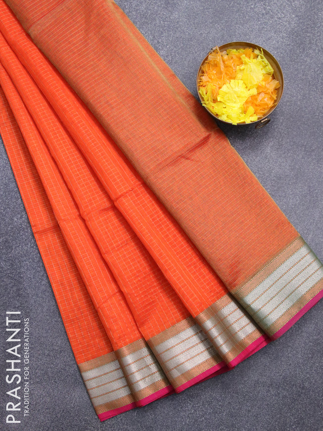 Maheshwari silk cotton saree orange and pink with allover zari woven checked pattern and zari woven border