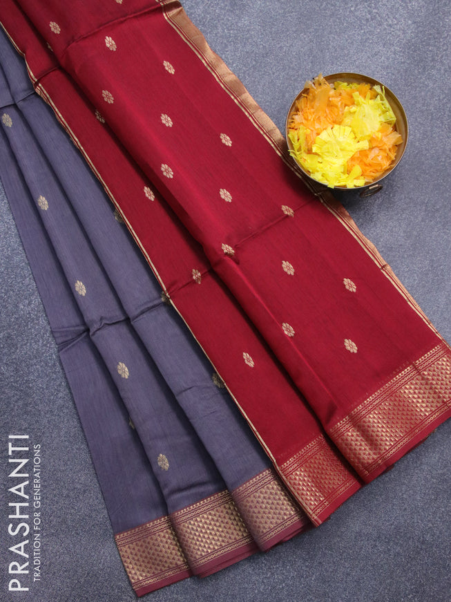 Maheshwari silk cotton saree grey and maroon with zari woven buttas and zari woven border