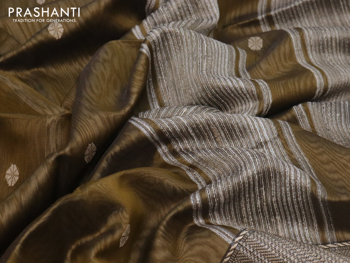 Maheshwari silk cotton saree dark mehendi green and beige with thread woven buttas and long thread woven border