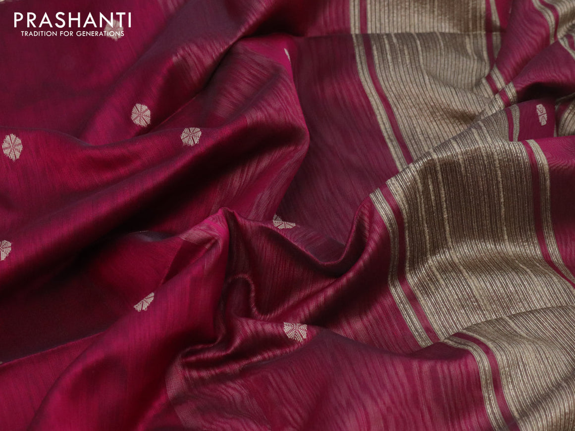 Maheshwari silk cotton saree dark magenta pink and beige with thread woven buttas and long thread woven border