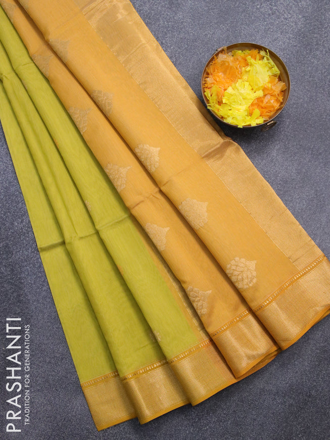 Maheshwari silk cotton saree lime yellow and mustard yellow with thread & zari woven buttas and zari woven border